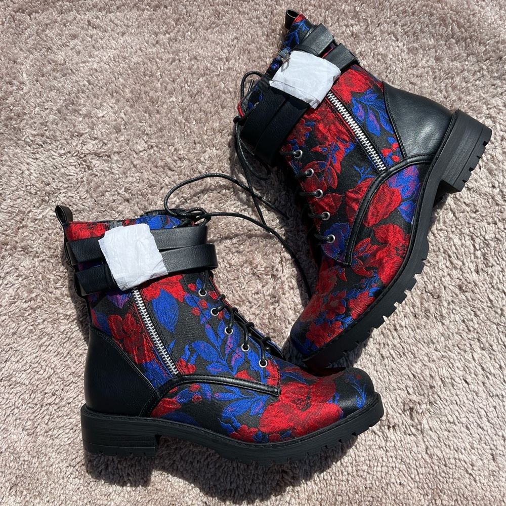 Floral Print Booties Red/Blue